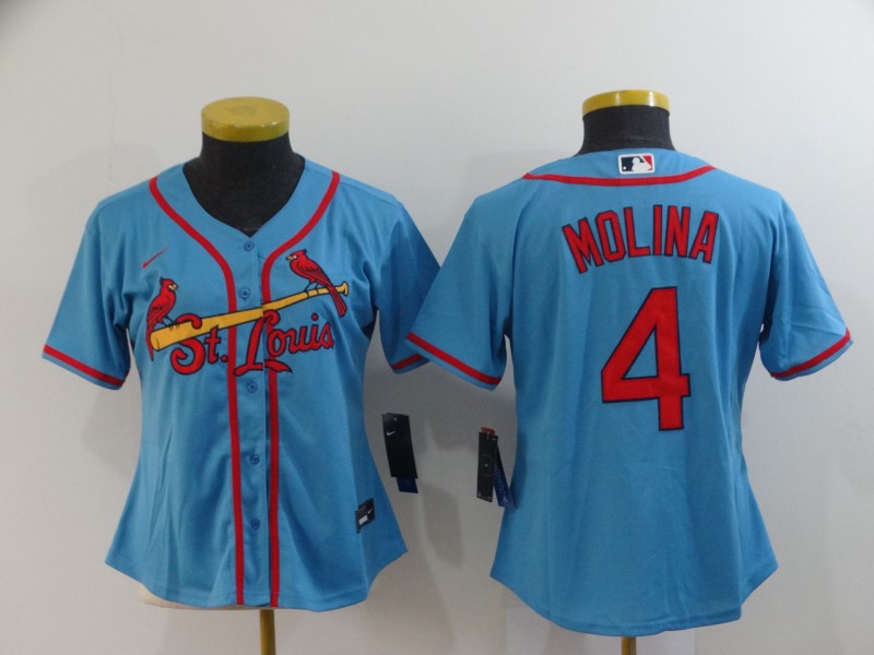 Women's St.Louis Cardinals #4 Yadier Molina Blue Cool Base Stitched MLB Jersey(Run Small)